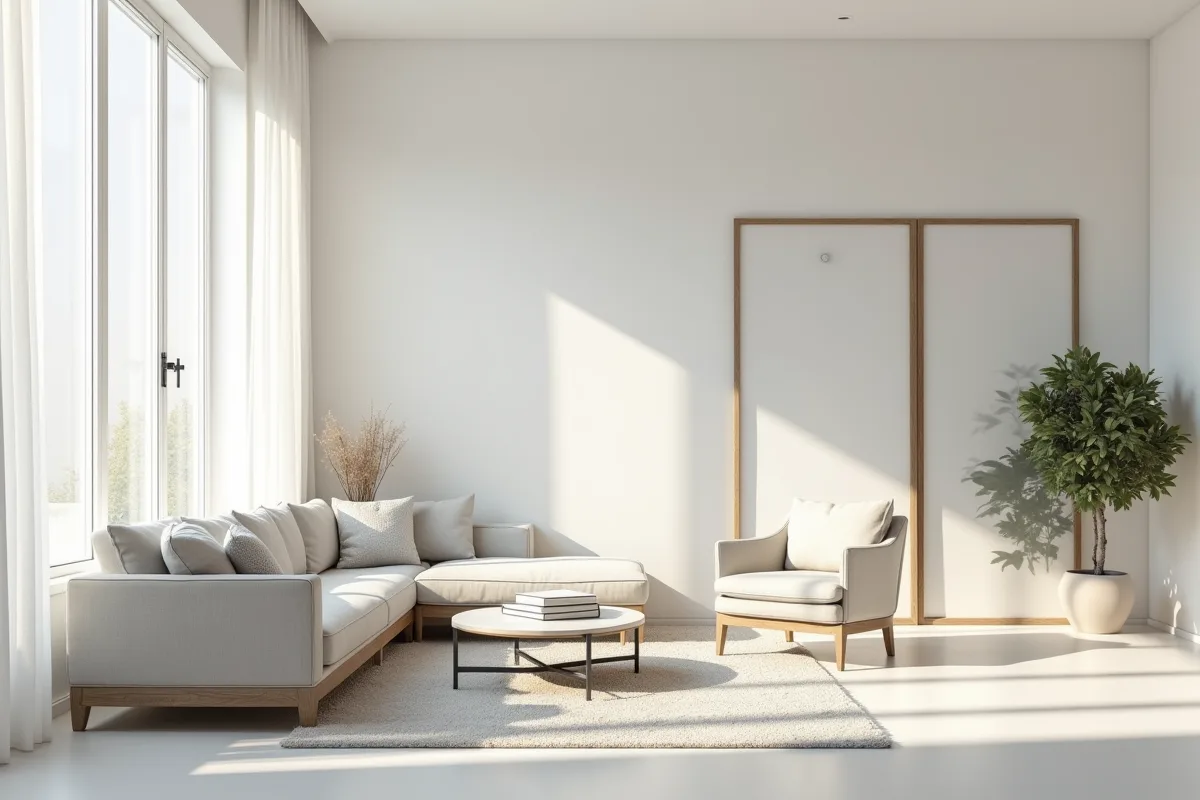 Salon moderne et lumineux avec murs blancs et grands miroirs