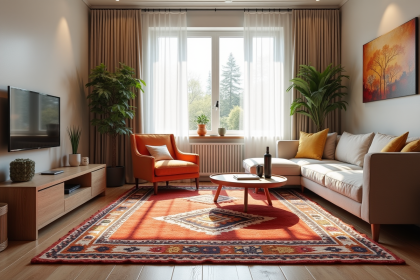 Salon moderne avec tapis marocain coloré et ambiance chaleureuse