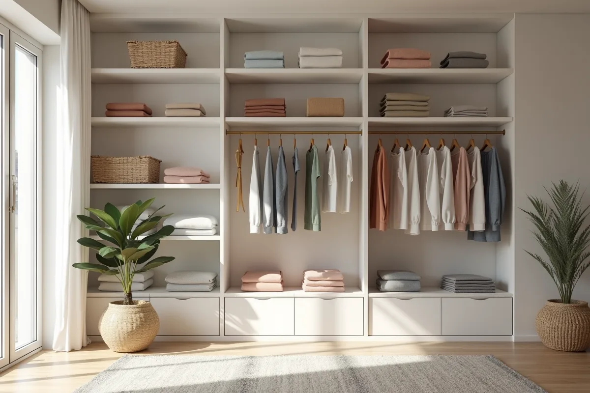 Salon moderne organisé avec étagères minimalistes et lumière naturelle