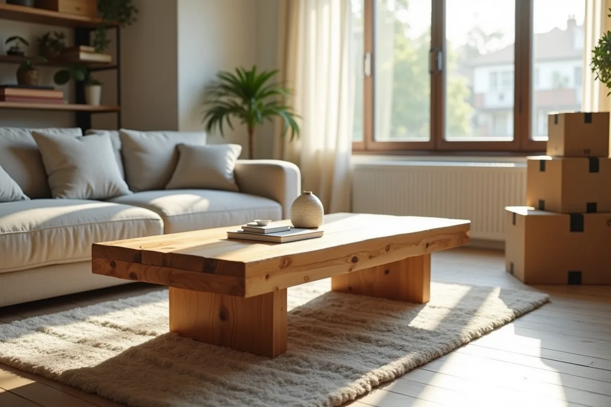 Salon moderne avec table en bois restaurée et lumière naturelle