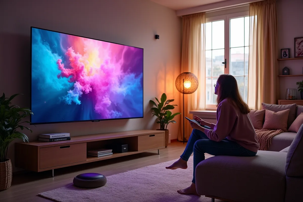 Salon moderne avec deux grands téléviseurs affichant QLED et Mini LED