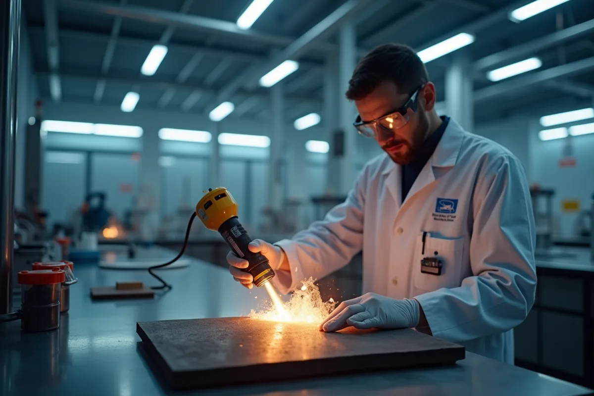 Scientifique en laboratoire testant un materiau ignifuge avec un chalumeau