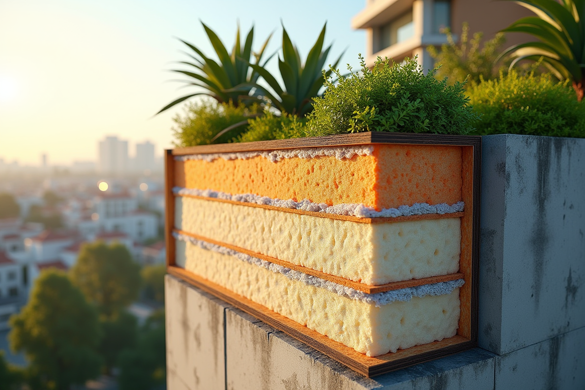 Coupe d un mur avec isolation écologique et jardin sur le toit