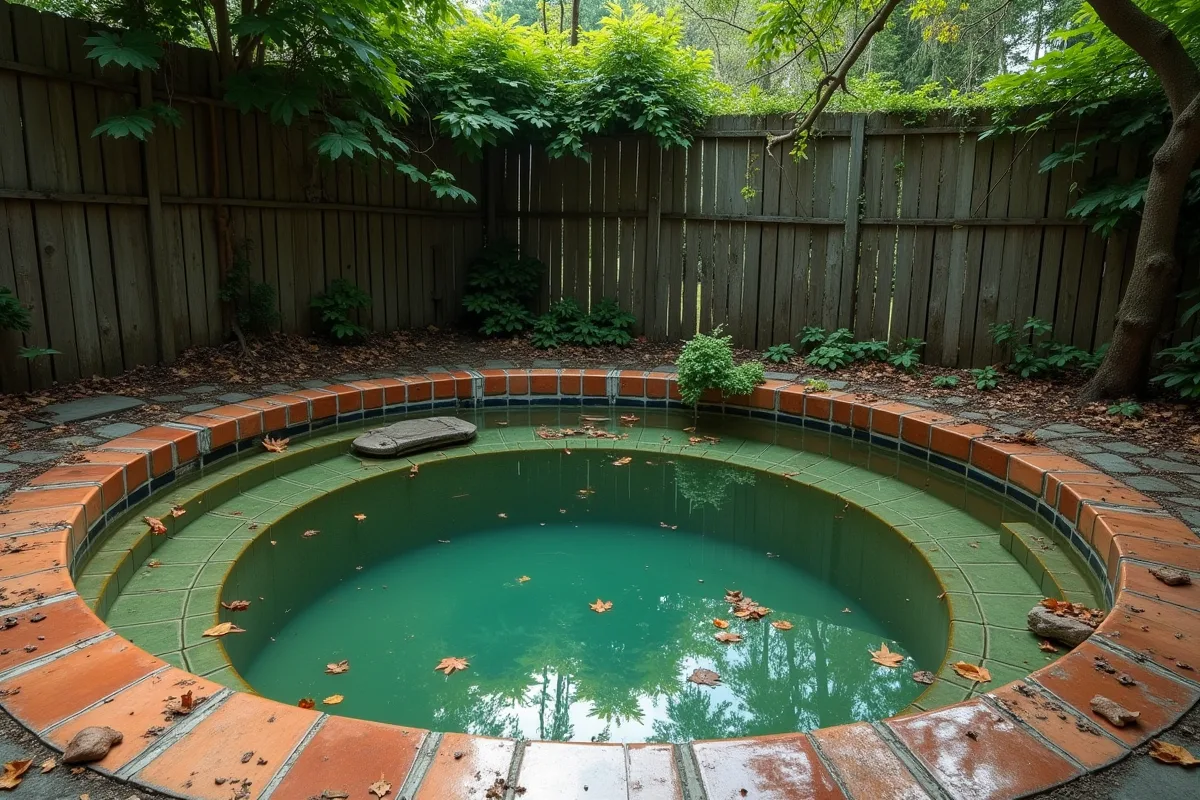 Spa extérieur abandonné avec eau verte et débris