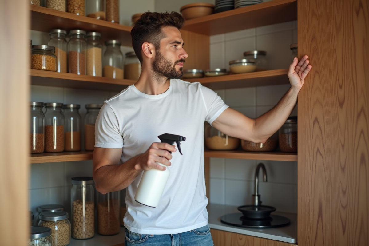 Jeune homme vaporisant un insecticide dans une cuisine organisée