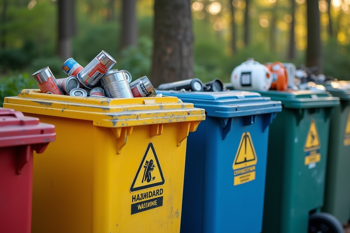 Station de recyclage extérieure avec bacs de déchets dangereux colorés