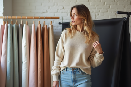 Femme arrangeant des fonds de tissu colorés dans un studio moderne