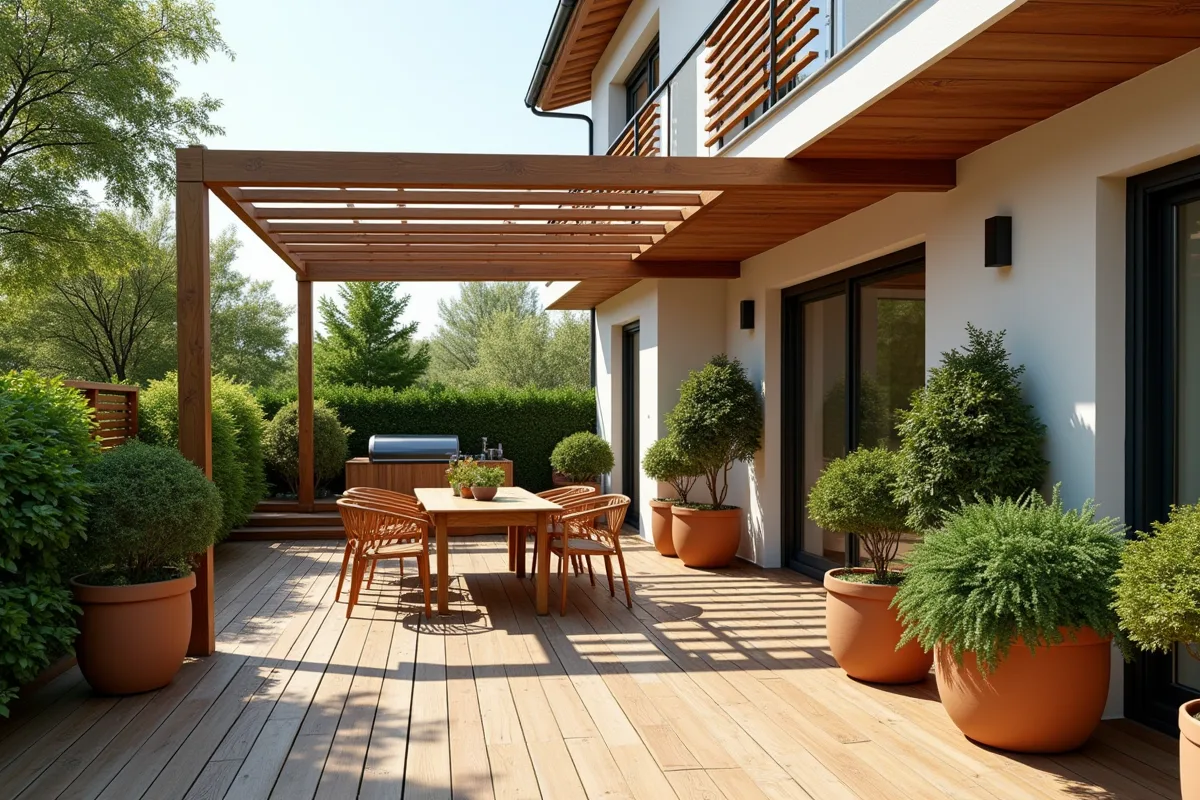 Terrasse en bois moderne avec pergola ombrage et plantes vertes