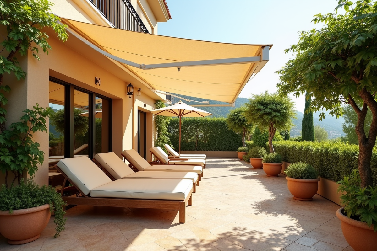 Terrasse ensoleillee avec store retractable et mobilier d