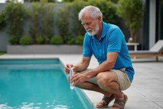 Homme testant l'eau de piscine au bord de la piscine