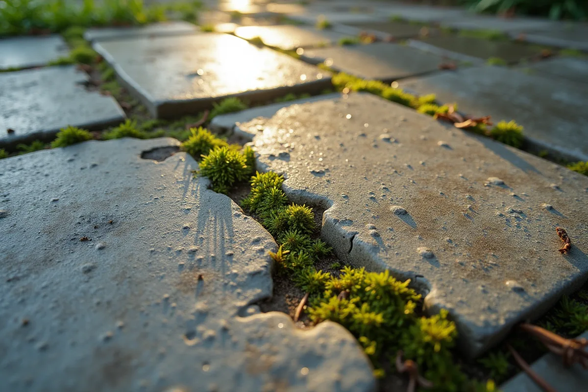 Gros plan sur un béton usé avec mousse verte naissante