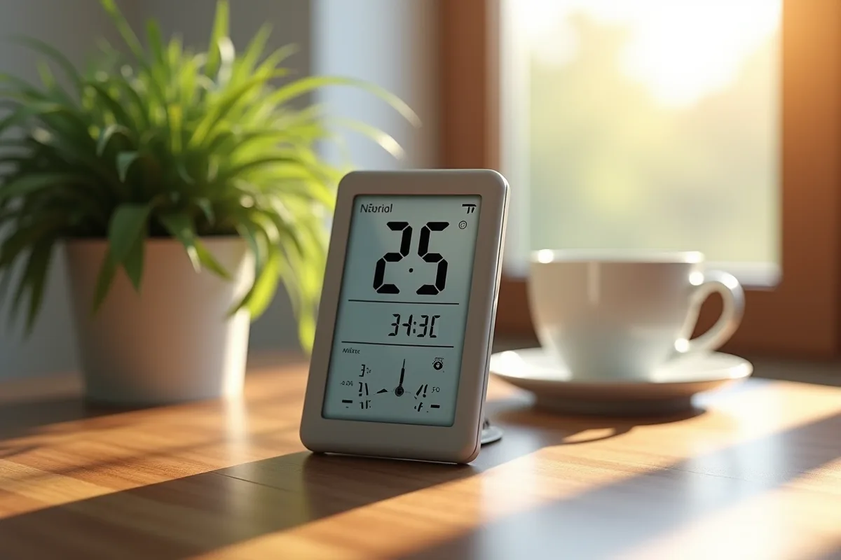 Thermomètre digital sur bureau en bois avec plante et café