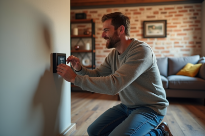 Homme d'âge moyen ajustant un thermostat numérique dans un sous-sol moderne
