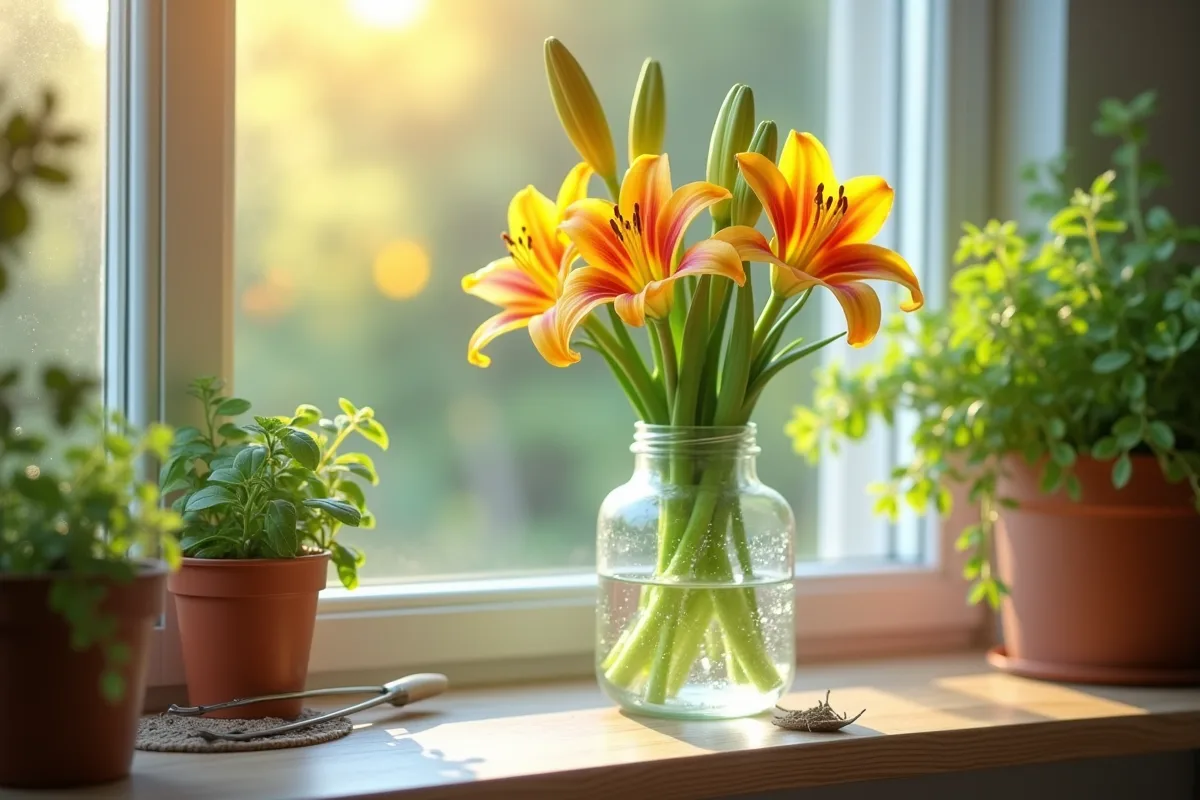 Tiges de lys fraîchement coupées dans un vase ensoleillé